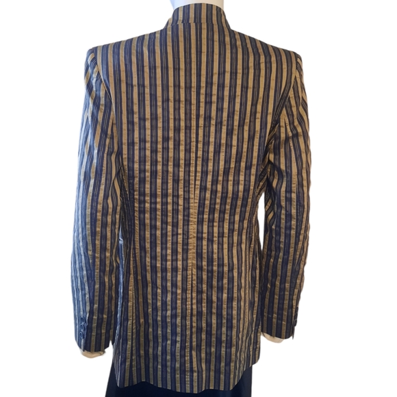 Vtg VOTRE NOM Linen Blend Striped Mandarin Collar Blazer Sz S Navy/Olive - Picture 4 of 10